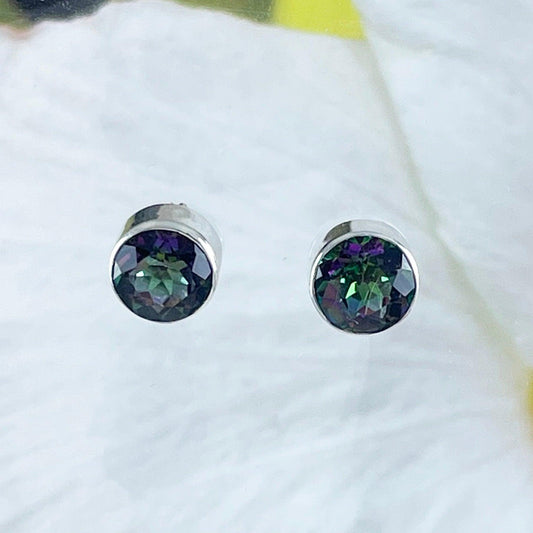 Beautiful Hawaiian Genuine Rainbow Mystic Topaz Earring, Sterling Silver Round Mystic Topaz Stud Earring, E8657 Birthday Mother Mom Gift - Hawaii Treasures Shop