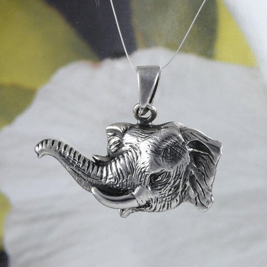 Unique Hawaiian Elephant Necklace, Sterling Silver Elephant Pendant, High Polish & Oxidized Finish, N8575 Statement PC - Hawaii Treasures Shop