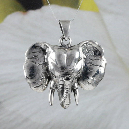 Unique Hawaiian Large Elephant Necklace, Sterling Silver Elephant Pendant, High Polish & Oxidized Finish, N8583 Statement PC - Hawaii Treasures Shop