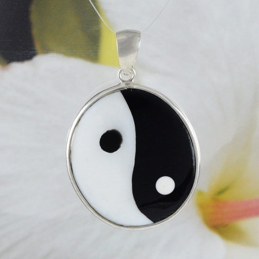 Unique Hawaiian Genuine Mother of Pearl Yin Yang Necklace, Sterling Silver Black & White Mother of Pearl Ying-Yan Pendant, N8580 Mom Gift - Hawaii Treasures Shop