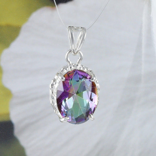 Beautiful Hawaiian Genuine Rainbow Mystic Topaz Necklace, Sterling Silver Rainbow Topaz Pendant, N8619 Birthday Anniversary Mom Gift - Hawaii Treasures Shop