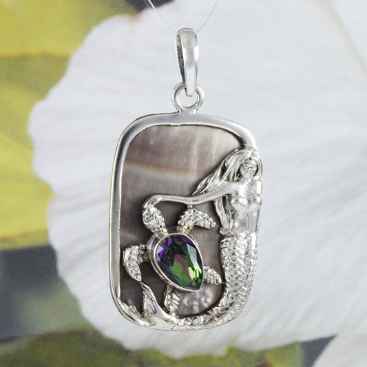 Unique Hawaiian Large Genuine Mystic Topaz Mermaid Sea Turtle Necklace, Sterling Silver Black Mother of Pearl Turtle Pendant, N8608 Mom Gift - Hawaii Treasures Shop
