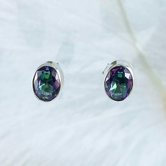 Beautiful Hawaiian Genuine Rainbow Mystic Topaz Oval Cut Earring, Sterling Silver Mystic Topaz Stud Earring, E8658 Birthday Mom Gift - Hawaii Treasures Shop