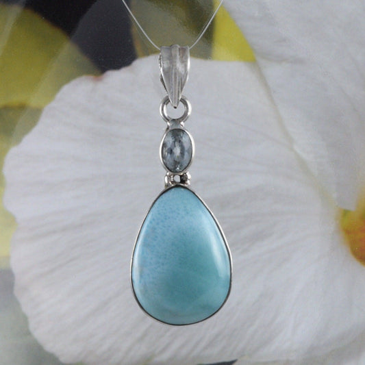 Gorgeous Hawaiian Large Genuine Blue Topaz Larimar Rain Drop Necklace, Sterling Silver Natural Larimar Pendant, N8714 Birthday Mom Gift - Hawaii Treasures Shop