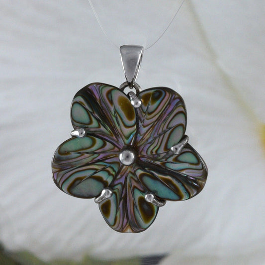 Beautiful Hawaiian Genuine Paua Shell Plumeria Necklace, Sterling Silver Mother of Pearl Plumeria Flower Pendant, N8270 Birthday Mom Gift - Hawaii Treasures Shop