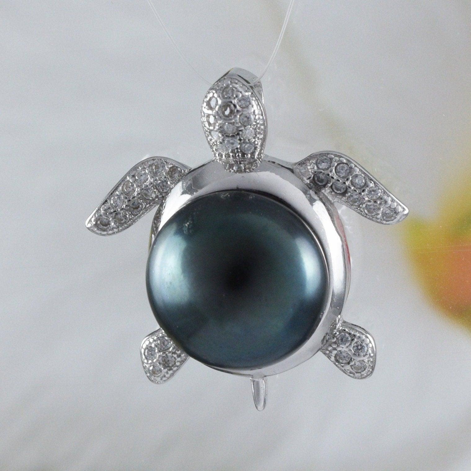 Unique Hawaiian Genuine Black Pearl Sea Turtle Earring and Necklace, Sterling Silver Black Pearl Turtle CZ Pendant, N8868S1 Birthday Gift - Hawaii Treasures Shop
