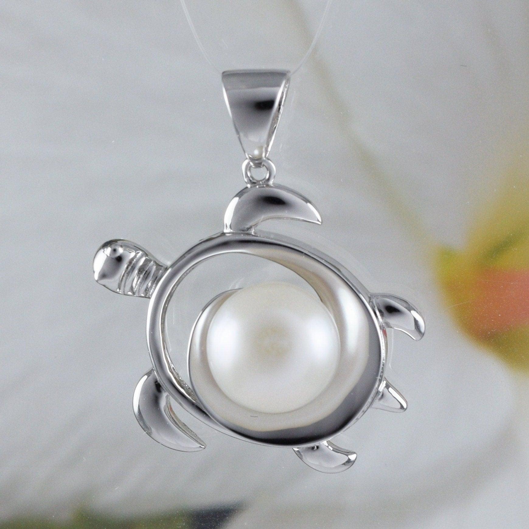 Unique Hawaiian Large Genuine White Pearl Sea Turtle Earring and Necklace, Sterling Silver White Pearl Turtle Pendant, N8869S2 Birthday Gift - Hawaii Treasures Shop