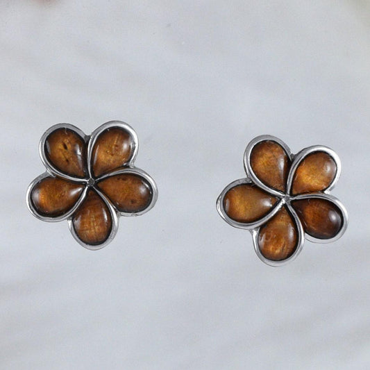 Beautiful Hawaiian Genuine Koa Wood Plumeria Earring, Sterling Silver Koa Wood Plumeria Stud Earring, E8917 Birthday Wife Mom Mother Gift - Hawaii Treasures Shop