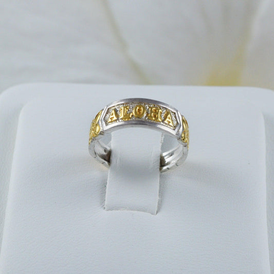 Beautiful Hawaiian Heirloom ALOHA Pinky or Toe Ring, Sterling Silver 2-Tone Plumeria Maile Leaf Toe Adjustable Ring, R2615 Birthday Gift - Hawaii Treasures Shop