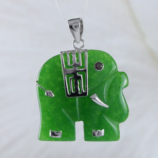 Unique Hawaiian Genuine Green Jade Elephant Necklace, Sterling Silver Jade Elephant Longevity Pendant, N8969 Birthday Mom Mother Gift - Hawaii Treasures Shop