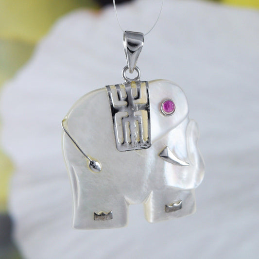 Unique Hawaiian Genuine White Mother of Pearl Elephant Necklace, Sterling Silver MOP Elephant Longevity Pendant, N8975 Birthday Mom Gift - Hawaii Treasures Shop