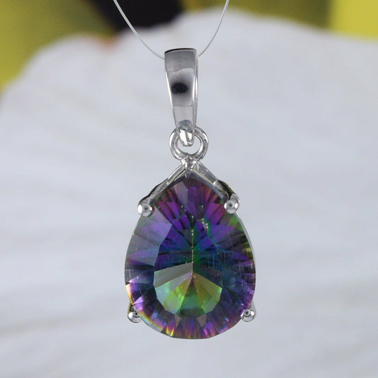 Beautiful Hawaiian Genuine Mystic Topaz Rain Drop Necklace, Sterling Silver Rainbow Topaz Pendant, N8992 Birthday Anniversary Mom Gift - Hawaii Treasures Shop