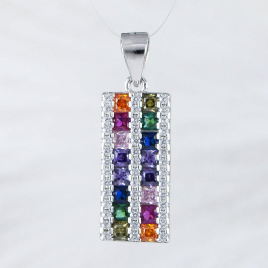 Stunning Rainbow Stone Bar Necklace, Sterling Silver Multi-Color Stone Clear CZ Pendant, N9017 Mother Birthday Mom Wife Gift - Hawaii Treasures Shop