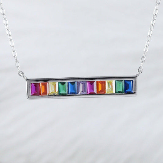 Unique Rainbow Stone Bar Necklace, Sterling Silver Multi-Color Bar Necklace, N9018 Mother Birthday Mom Wife Gift - Hawaii Treasures Shop