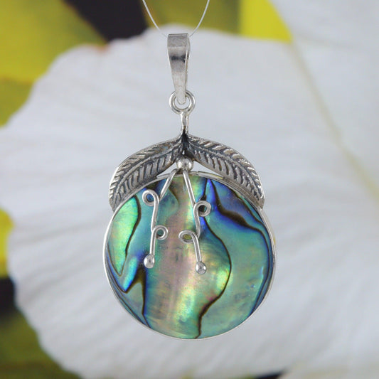 Beautiful Hawaiian Large Genuine Paua Shell Maile Leaf Necklace, Sterling Silver Abalone MOP Pendant, N9084 Birthday Mom Wife Mother Gift - Hawaii Treasures Shop