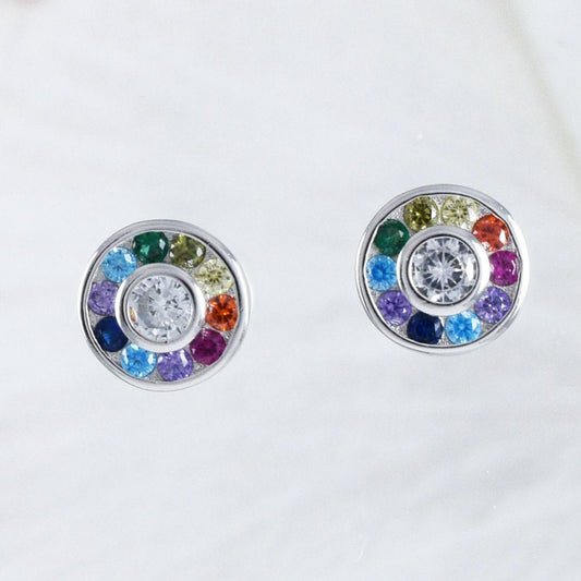 Beautiful Hawaiian Rainbow Stone Circle Earring, Sterling Silver Multi-Color Stone Circle Stud Earring, E9022 Birthday Mother Mom Gift - Hawaii Treasures Shop
