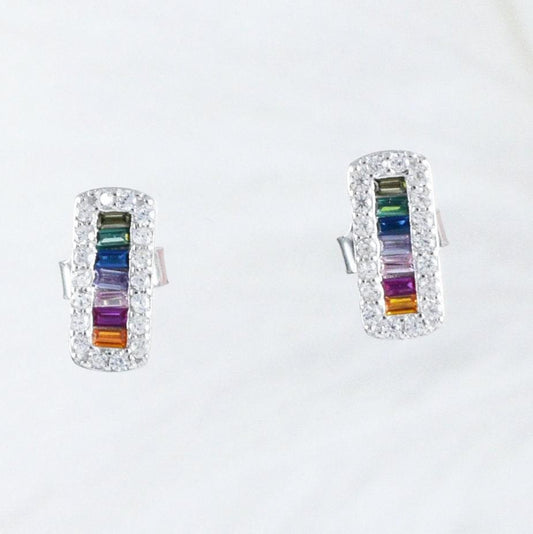 Beautiful Hawaiian Rainbow Stone Bar Earring, Sterling Silver Multi-Color Stone Stud Earring, E9023 Birthday Mother Mom Gift - Hawaii Treasures Shop