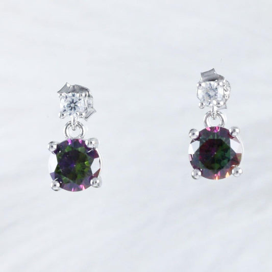 Beautiful Hawaiian Genuine Rainbow Mystic Topaz Round Cut Earring, Sterling Silver Mystic Topaz Clear CZ Stud Earring, E9025 Birthday Gift - Hawaii Treasures Shop