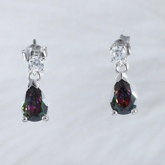 Beautiful Hawaiian Rainbow Mystic Topaz Rain Drop Earring, Sterling Silver Mystic Topaz Clear CZ Stud Earring, E9029 Birthday Mom Gift - Hawaii Treasures Shop