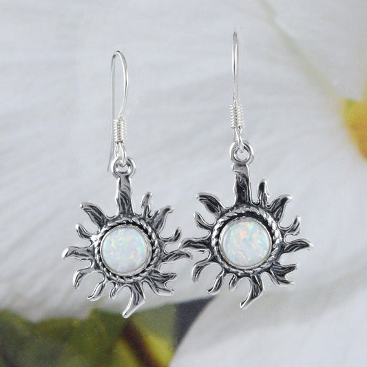 Unique Stunning Hawaiian White Opal Sun Earring, Sterling Silver White Opal Sun Dangle Earring, E9058 Birthday Mom Wife Mother Gift - Hawaii Treasures Shop