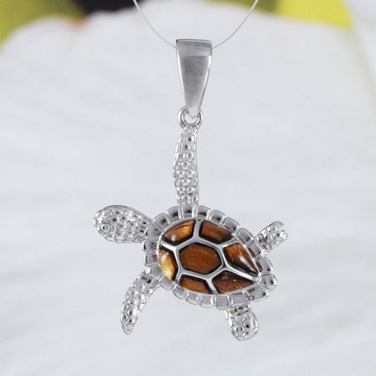Unique Hawaiian Genuine Koa Wood Sea Turtle Necklace, Sterling Silver Koa Wood Turtle Pendant, N9143 Birthday Mother Wife Mom Gift - Hawaii Treasures Shop