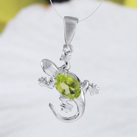 Beautiful Hawaiian Genuine Peridot Gecko Necklace, Sterling Silver Gecko Pendant, N9155 Birthday Mother Mom Gift, Island Jewelry - Hawaii Treasures Shop
