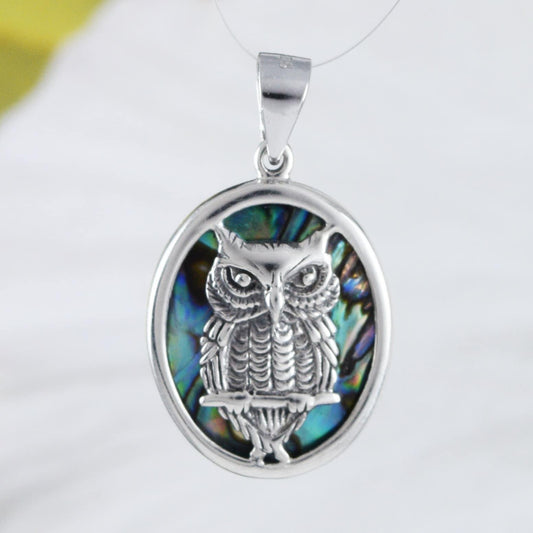 Unique Hawaiian Genuine Paua Shell Owl Necklace, Sterling Silver Abalone MOP Owl Pendant, N9165 Birthday Mom Mother Gift, Statement PC - Hawaii Treasures Shop