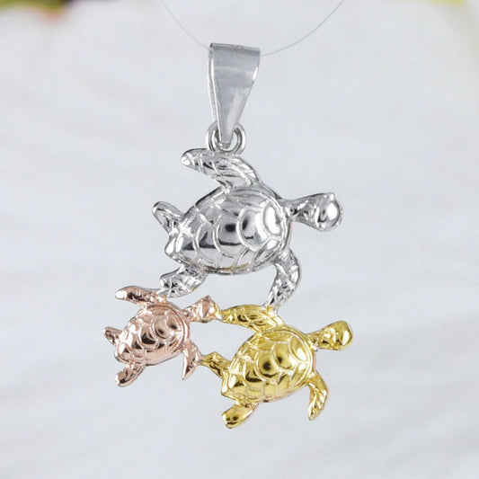 Beautiful Hawaiian Mom & 2 Baby Sea Turtle Necklace, Sterling Silver Tri-color Turtle Pendant, N9193 Birthday Valentine Mom Gift - Hawaii Treasures Shop
