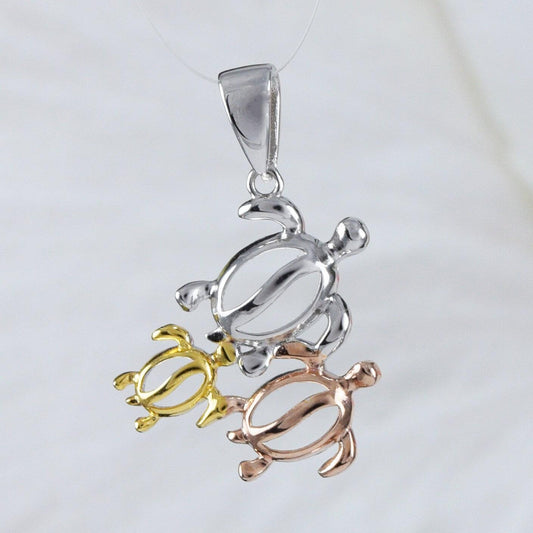 Beautiful Hawaiian Tri-color Mom & 2 Baby Sea Turtle Necklace, Sterling Silver Tri-color 3 Turtle Pendant, N9195 Birthday Mother Mom Gift - Hawaii Treasures Shop