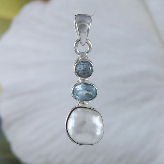 Unique Hawaiian Genuine Blue Topaz White Mabe Pearl Necklace, Sterling Silver Blue Topaz Pearl Pendant, N8977 Birthday Mother Mom Gift - Hawaii Treasures Shop