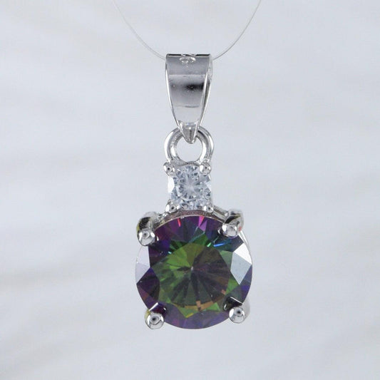 Beautiful Hawaiian Rainbow Mystic Topaz Round Cut Necklace, Sterling Silver Rainbow Topaz Clear CZ Pendant, N8991 Birthday Mom Gift - Hawaii Treasures Shop