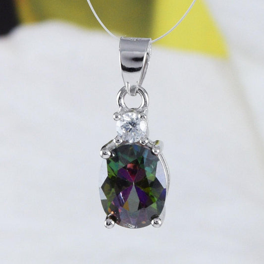 Beautiful Hawaiian Rainbow Mystic Topaz Necklace, Sterling Silver Rainbow Topaz Clear CZ Pendant, N8993 Birthday Anniversary Mom Gift - Hawaii Treasures Shop