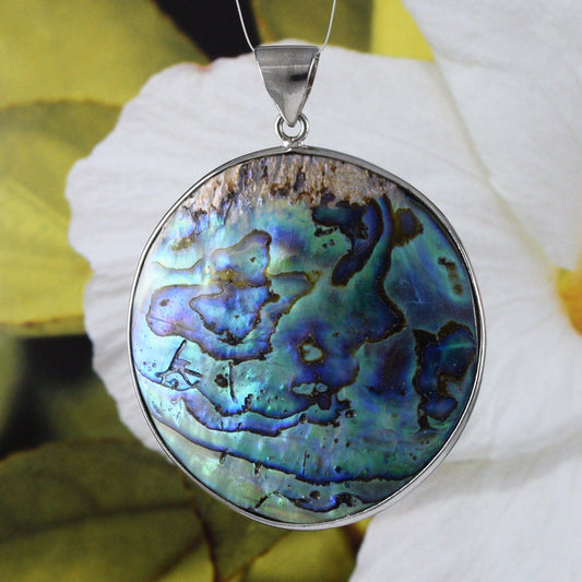 Stunning X-Large Hawaiian Genuine Paua Shell Abalone Round Necklace, Sterling Silver Mother of Pearl Pendant, N8988 Statement PC - Hawaii Treasures Shop