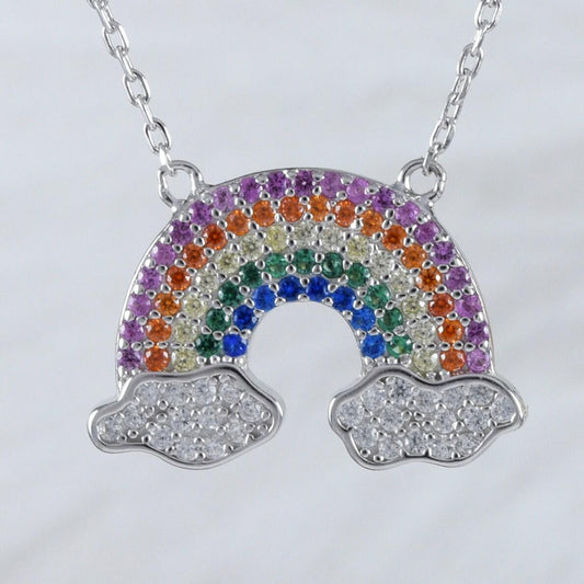 Stunning Multi-Color Stone Rainbow Necklace, Sterling Silver Multi-Color Rainbow Necklace, N9019 Mother Birthday Mom Wife Gift - Hawaii Treasures Shop