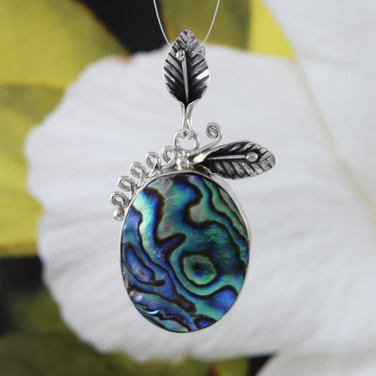 Beautiful Hawaiian Large Genuine Paua Shell Necklace, Sterling Silver Abalone MOP Pendant, N9076 Birthday Mom Wife Mother Gift - Hawaii Treasures Shop