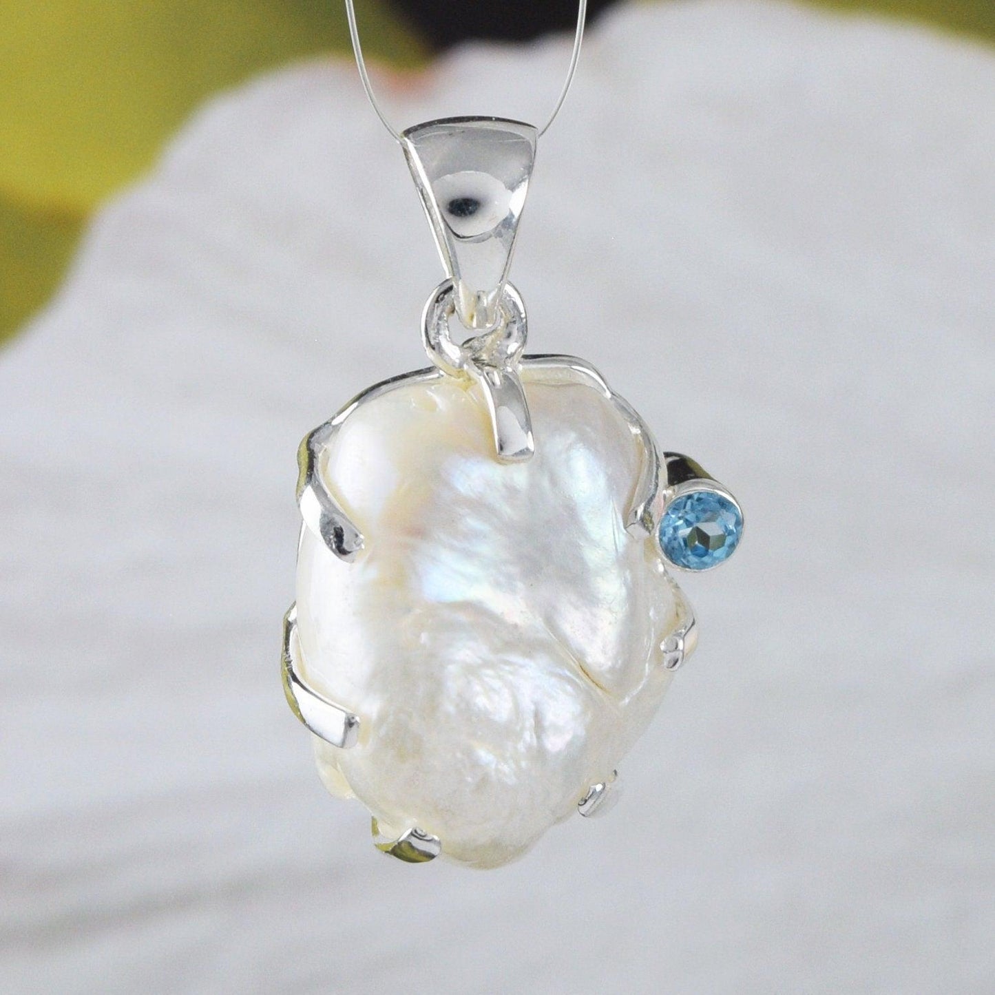Unique Hawaiian Genuine Blue Topaz Mabe Pearl Necklace, Sterling Silver Blue Topaz White Pearl Pendant, N9077 Birthday Mother Mom Gift - Hawaii Treasures Shop