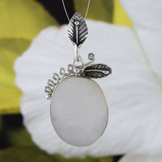 Beautiful Hawaiian Large Genuine White Mother of Pearl Necklace, Sterling Silver Mother of Pearl Maile Leaf Pendant, N9093 Birthday Mom Gift - Hawaii Treasures Shop