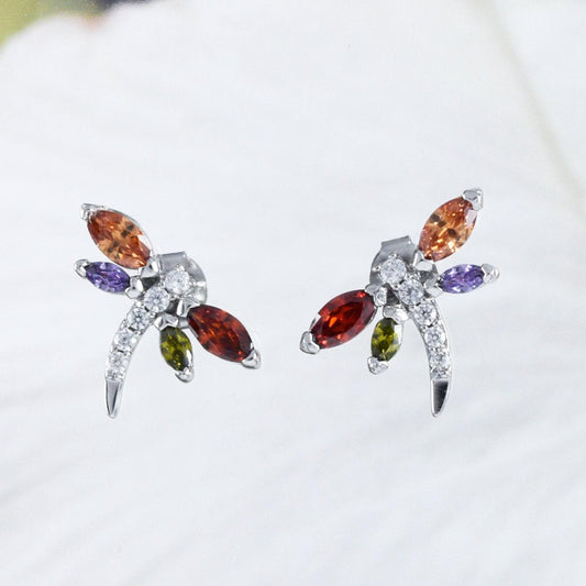 Unique Hawaiian Rainbow Stone Dragonfly Earring, Sterling Silver Multi-Color Stone Dragonfly Stud Earring, E9021 Mother Birthday Mom Gift - Hawaii Treasures Shop