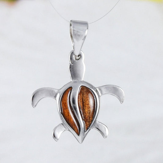 Unique Hawaiian Genuine Koa Wood Sea Turtle Necklace, Sterling Silver Koa Wood Turtle Pendant, N9141 Birthday Valentine Mom Gift - Hawaii Treasures Shop