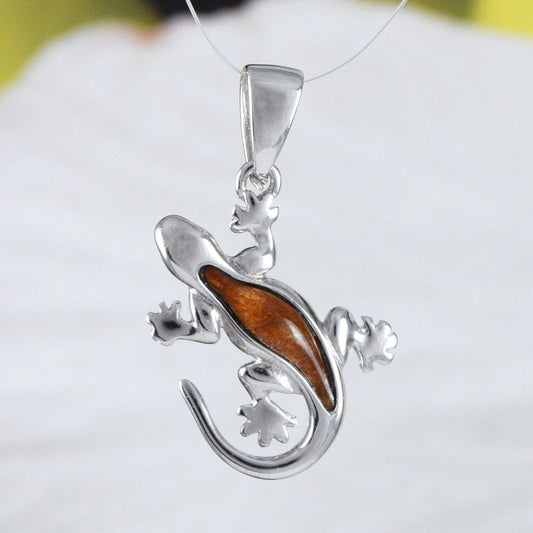 Unique Beautiful Hawaiian Genuine Koa Wood Gecko Necklace, Sterling Silver Koa Wood Gecko Pendant, N9144 Birthday Mom Gift - Hawaii Treasures Shop