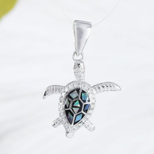 Unique Hawaiian Genuine Paua Shell Sea Turtle Necklace, Sterling Silver Abalone MOP Turtle Pendant, N9164 Valentine Birthday Mom Gift - Hawaii Treasures Shop