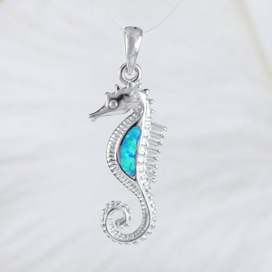 Unique Beautiful Hawaiian Blue Opal Seahorse Necklace, Sterling Silver Blue Opal Seahorse Pendant, N9179 Birthday Valentine Mom Gift - Hawaii Treasures Shop