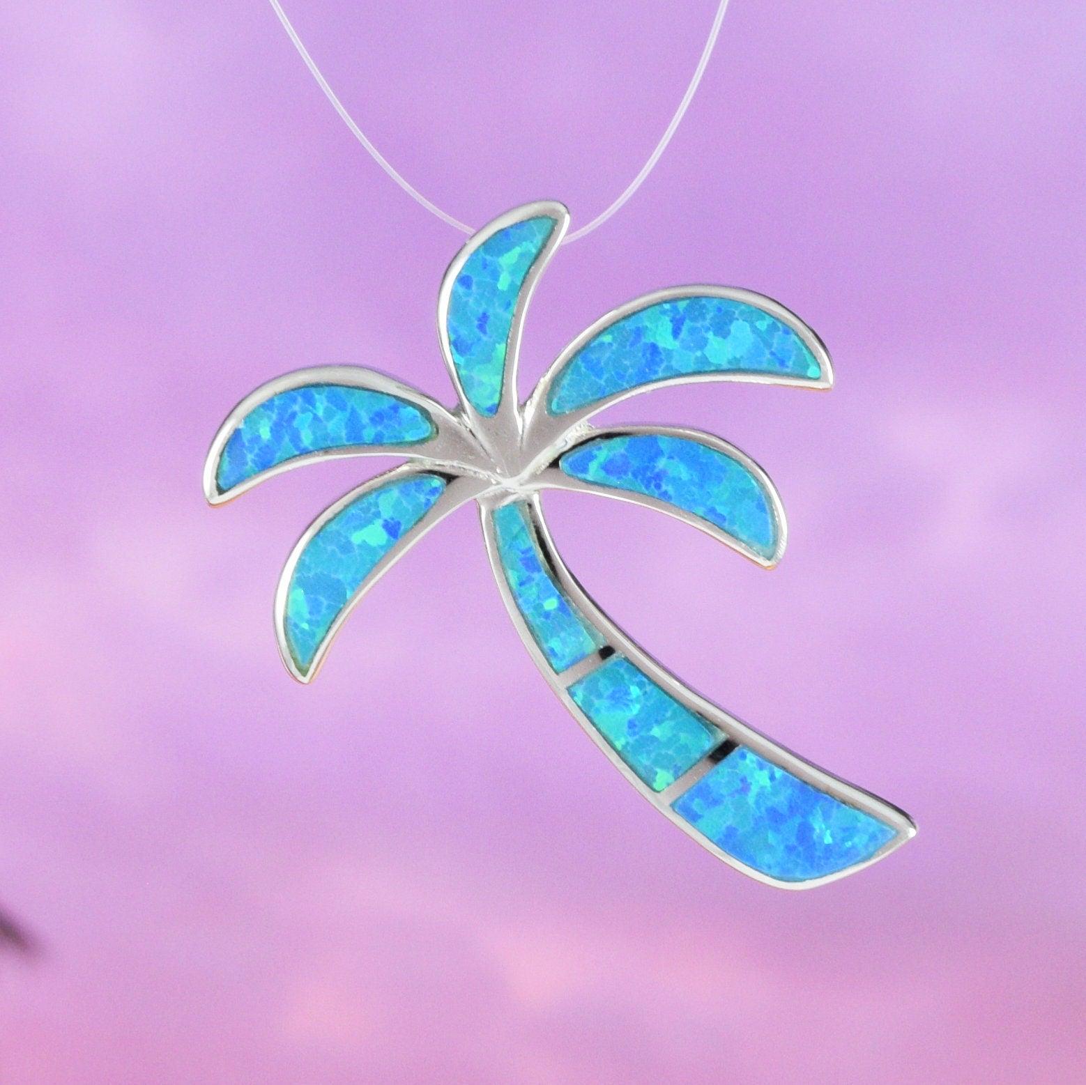 Gorgeous Hawaiian Large Blue Opal Palm Tree Earring and Necklace, Sterling Silver Blue Opal Palm Tree Pendant, N6015SH Birthday Mom Gift - Hawaii Treasures Shop
