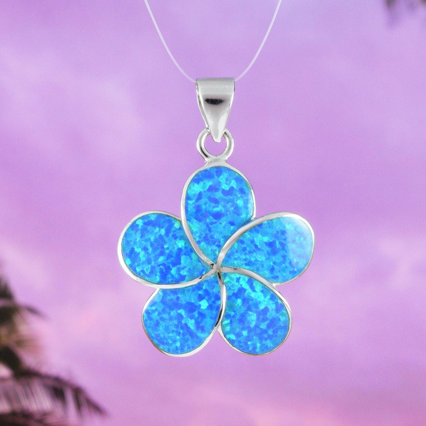 Gorgeous Hawaiian Large Blue Opal Plumeria Earring and Necklace, Sterling Silver Blue Opal Plumeria Flower Pendant N6008SH Birthday Mom Gift - Hawaii Treasures Shop