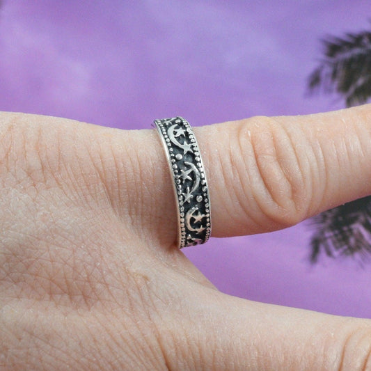 Beautiful Hawaiian Moon and Star Pinky or Toe Ring, Sterling Silver Moon and Star Toe Adjustable Ring, R8599 Birthday Gift - Hawaii Treasures Shop