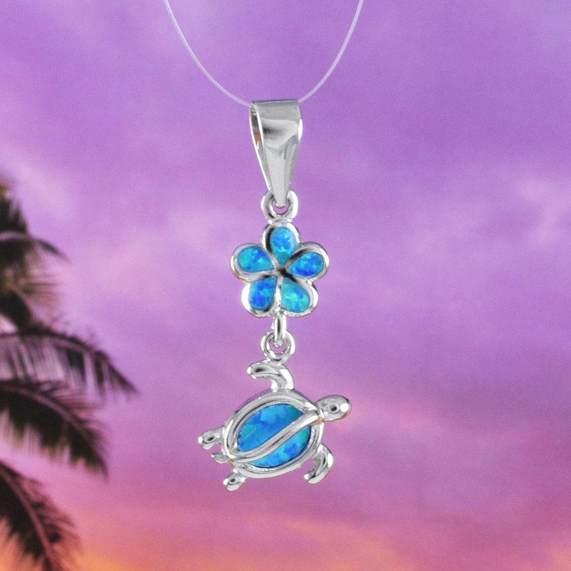 Unique Beautiful Hawaiian Blue Opal Plumeria Sea Turtle Necklace, Sterling Silver Blue Opal Plumeria Turtle Pendant, N8372 Birthday Mom Gift - Hawaii Treasures Shop