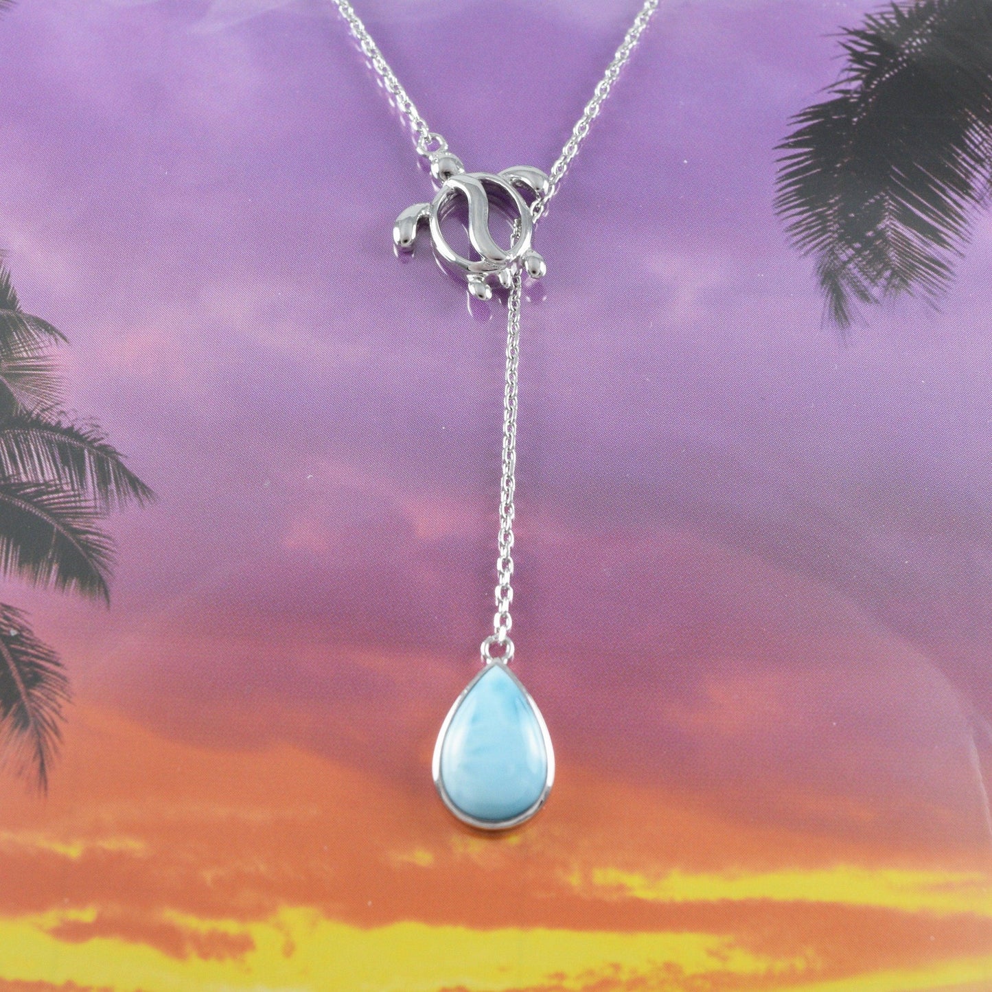 Unique Hawaiian Genuine Larimar Sea Turtle Rain Drop Earring and Necklace, Sterling Silver Larimar Turtle Necklace N8433S1 Birthday Mom Gift - Hawaii Treasures Shop