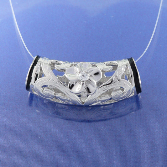 Unique Hawaiian Plumeria Maile Leaf Lava Tube Necklace, Sterling Silver Plumeria Flower CZ Barrel Pendant, N8563 Birthday Mother Mom Gift - Hawaii Treasures Shop