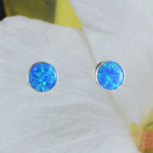 Beautiful Hawaiian Blue Opal Round-Cut Earring, Sterling Silver Blue Opal Stud Earring, E8634 Birthday Mother Mom Gift - Hawaii Treasures Shop