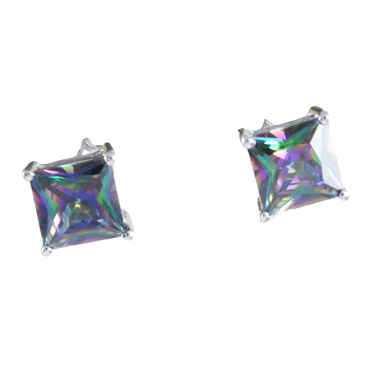Beautiful Hawaiian Rainbow Mystic Topaz Square-Cut Earring, Sterling Silver Mystic Topaz Stud Earring, E8959 Birthday Mother Mom Gift - Hawaii Treasures Shop
